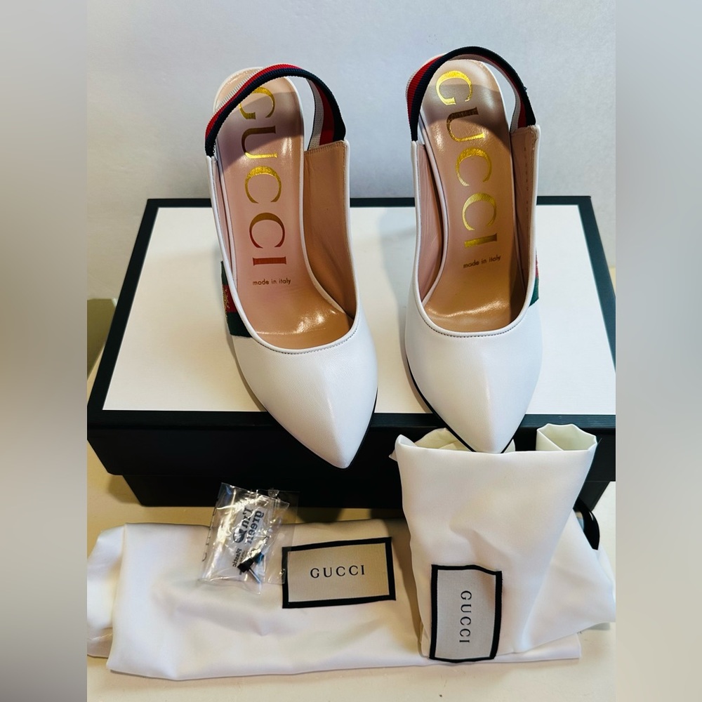 Gucci Sylvie Leather Slingback Pumps with Bee in White 36.5 - Picture 7 of 16